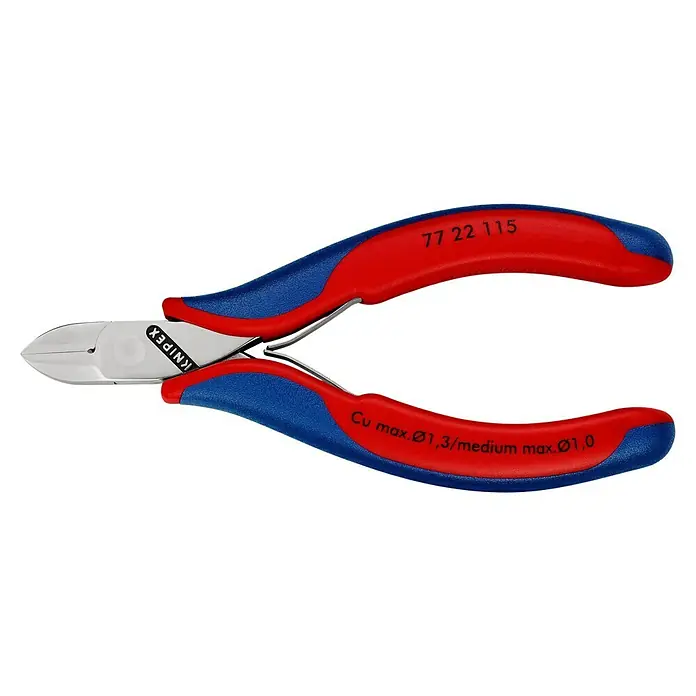 Knipex Seitenschneider - Länge: 11,5 cm, Härte Schneide: 60 HRC, Stahl - Nahaufnahme einer Knipex 77 22 115 Seitenschneider, mit rot-blauen Griffen, ideal zum Schneiden von Kupferdrähten bis Ø1,3 mm.