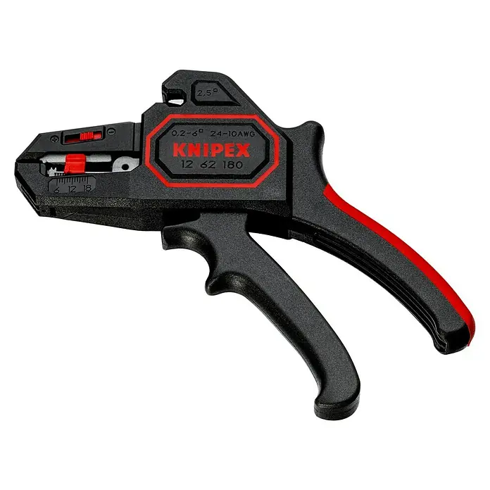Knipex Abisolierzange - Länge: 18 cm - Eine Knipex 12 62 180 Abisolierzange in Schwarz mit roten Akzenten, die Kabel von 24-10 AWG präzise abisolieren kann.