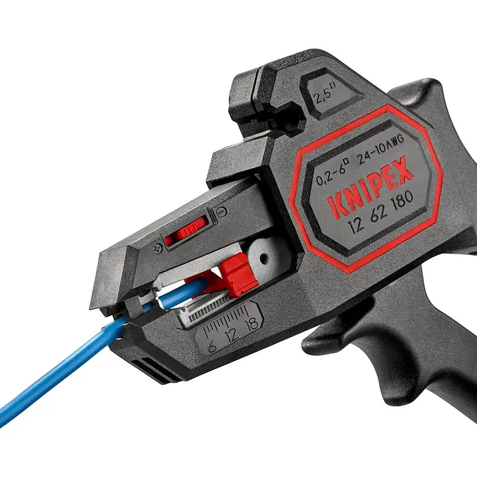 Knipex Abisolierzange - Länge: 18 cm - Nahaufnahme einer KNIPEX 12 62 180 automatischen Abisolierzange für Kabel, die präzises und schnelles Abisolieren ermöglicht.