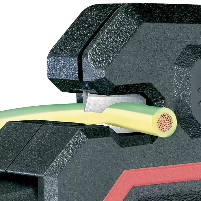 Knipex Abisolierzange - Länge: 18 cm - Nahaufnahme eines dunklen, strukturierten Abisolierers, der gelb-grüne Isolierung von einem Draht entfernt, Kupferlitzen sichtbar.