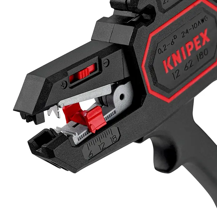 Knipex Abisolierzange - Länge: 18 cm - Nahaufnahme einer KNIPEX 12 62 180 automatischen Abisolierzange, ideal zum präzisen und schnellen Abisolieren von Kabeln.
