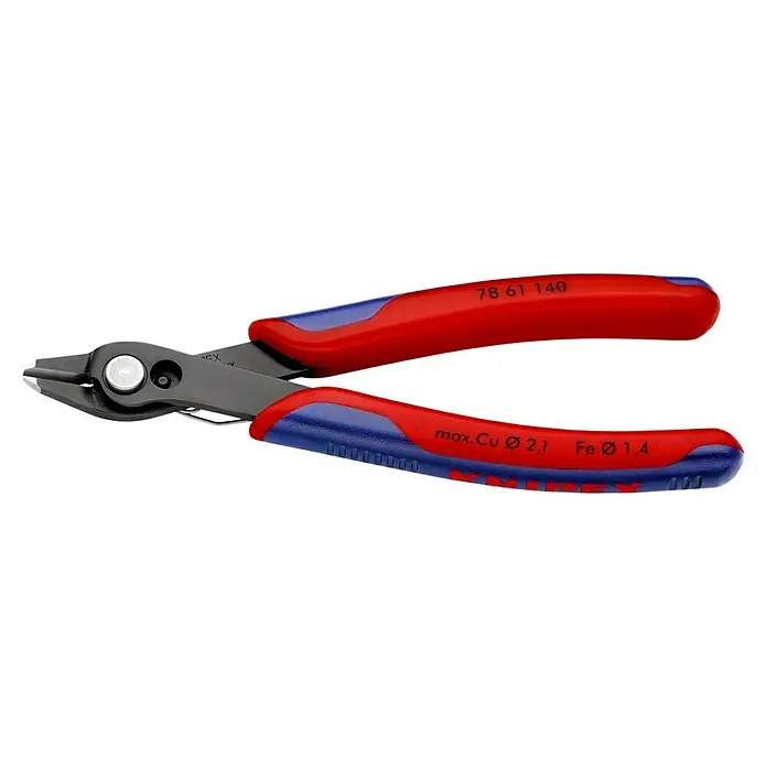 Knipex Seitenschneider - Länge: 14 cm, Härte Schneide: 64 HRC - Bild einer Seitenschneiderzange von Knipex, ideal zum präzisen Schneiden von Drähten bis max. Cu Ø 2,1 mm und Fe Ø 1,4 mm.