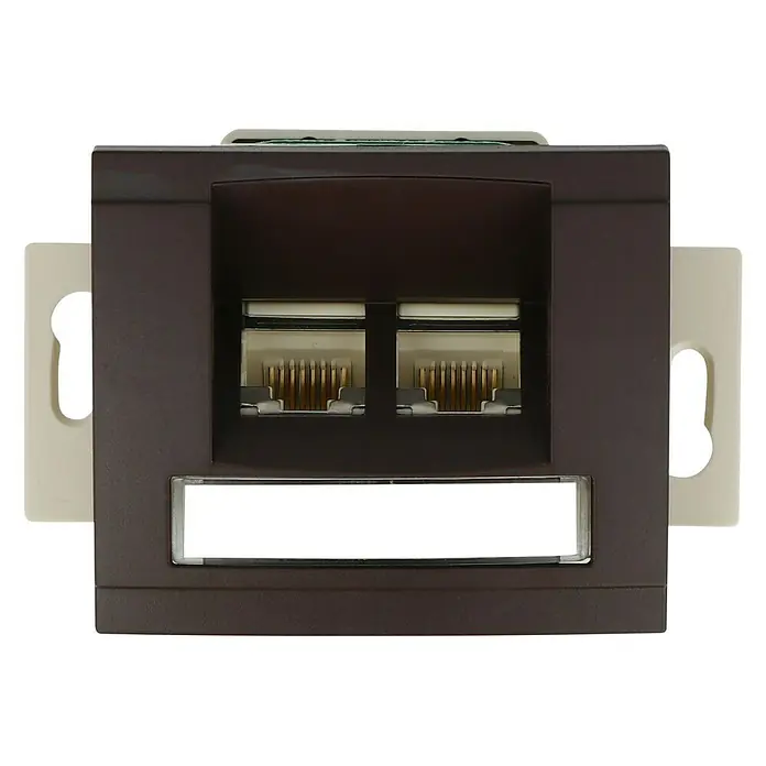 Voltomat DEA 100 UAE-Datendose - Braun, Unterputzmontage - Das Bild zeigt eine Doppel-Netzwerkdose in einem dunklen Gehäuse mit zwei RJ45-Anschlüssen und einem Beschriftungsfeld unten.