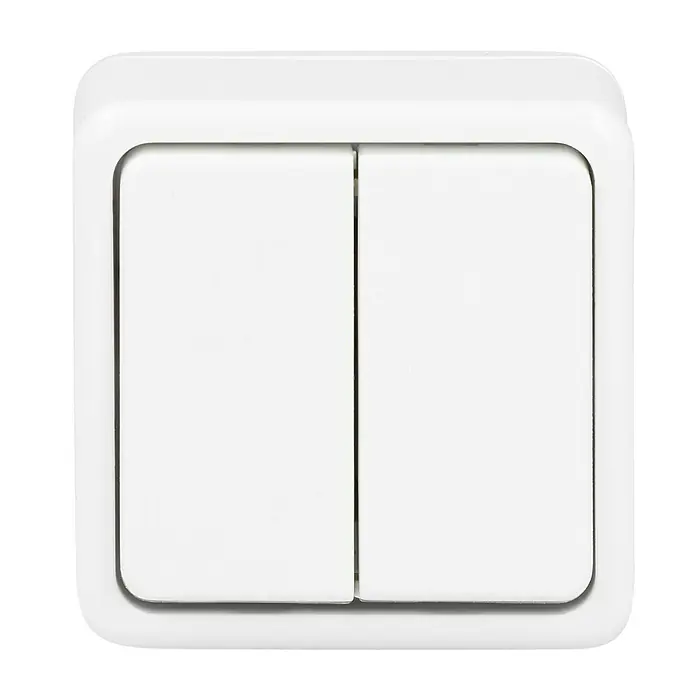 Kopp Standard Serienschalter - Arktisweiß, Glänzend, Aufputzmontage, 10 A - Weiße Doppel-Lichtschalterplatte mit abgerundeten Kanten, die eine moderne und minimalistische Ästhetik bietet.