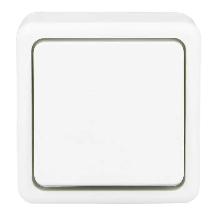 Kopp Standard Taster - Arktisweiß, Glänzend, Aufputzmontage, 10 A - Nahaufnahme eines weißen Lichtschalters. Das moderne Design verfügt über abgerundete Kanten und eine glatte Oberfläche.