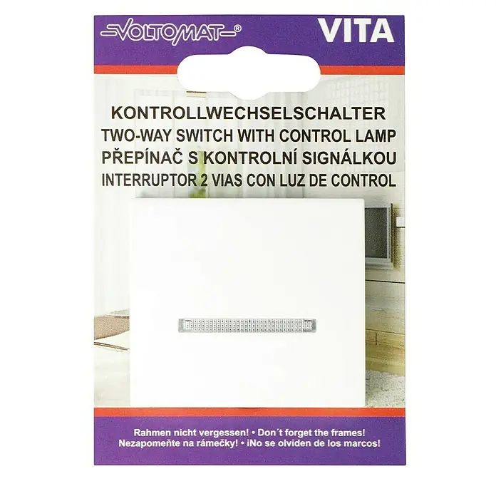 Voltomat VITA Serienwechselschalter - Alpinweiß, Unterputzmontage, 10 A - Verpackung eines Voltomaten Zwei-Wege-Schalters mit Kontrolllampe, ideal für die Hausinstallation.