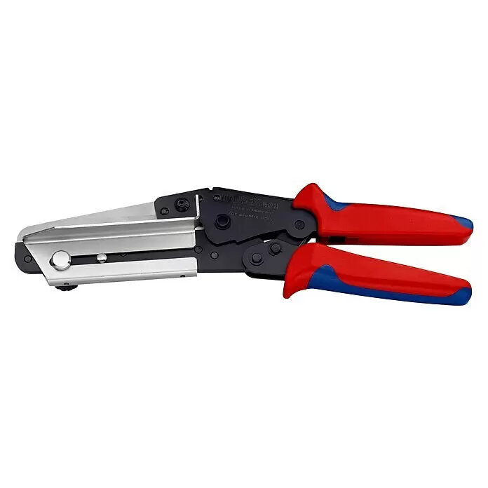 Knipex Tijera - Apto para: Perfiles de plástico, Longitud de corte: 110 mm - Tijeras de cable Knipex 95 02 21 para plástico, cuerpo negro, cuchillas metálicas y mangos rojo/azul.