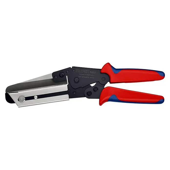 Knipex Schere - Geeignet für: Kunststoffprofile, Schnittlänge: 110 mm - Eine Knipex 95 02 21 Kunststoff-Kabelschere in Schwarz mit roten und blauen Griffen zum präzisen Schneiden von Kunststoffmaterialien.