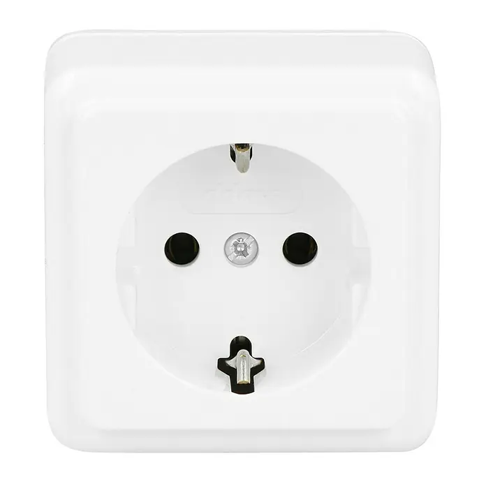 Kopp Standard Steckdose - Arktisweiß, 1-fach - Nahaufnahme einer weißen Schuko-Steckdose, ideal für den sicheren Anschluss elektronischer Geräte im Haushalt. Robuste Bauweise für lange Lebensdauer.