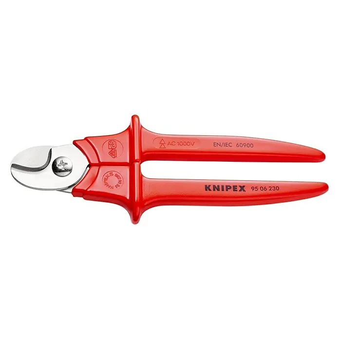 Knipex Kabelschere - Schnittstärke: 16 mm, Chirurgiestahl - Nahaufnahme einer KNIPEX Kabelschere mit roten Griffen, ideal zum Schneiden von Kabeln bis 1000V, mit Präzisionsklingen für saubere Schnitte.