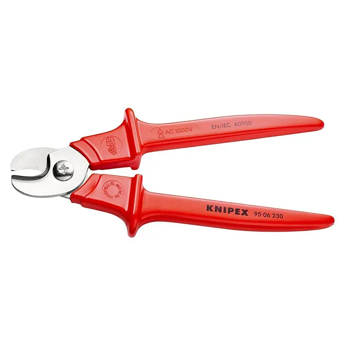 Knipex Kabelschere - Schnittstärke: 16 mm, Chirurgiestahl - Eine isolierte Kabelschere von Knipex (Modell 95 06 230) mit roten Griffen, die für Arbeiten bis 1000V geeignet ist und Sicherheitsstandards entspricht.