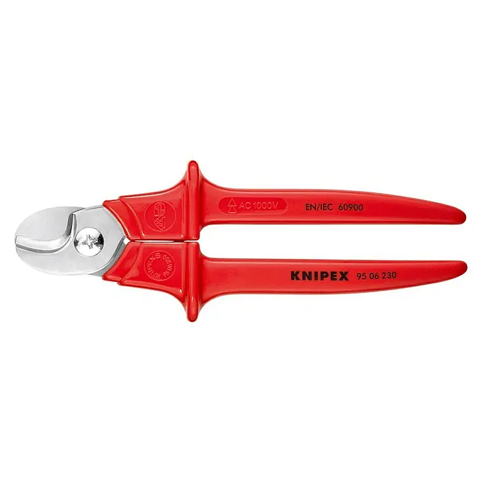 Knipex Kabelschere - Schnittstärke: 16 mm, Chirurgiestahl - Kabelschneider mit rotem Griff. Das Werkzeug ist zum Schneiden von Kabeln konzipiert und isoliert bis zu AC 1000V gemäß EN/IEC 60900.