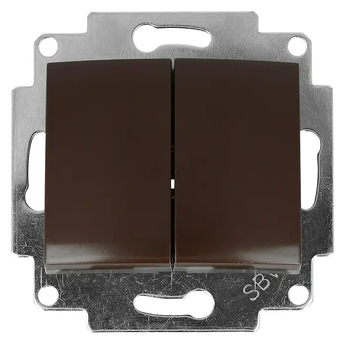 Voltomat DEA 100 Serienschalter - Braun, Unterputzmontage, 10 A - Nahaufnahme eines braunen Doppel-Lichtschalters mit silberner Blende, der ein modernes Design und Funktionalität vereint.