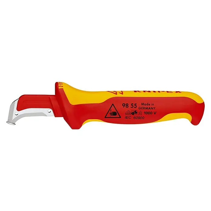 Knipex Kabelabmantelungsmesser - Klingenlänge: 38 mm, Gleitschuh - Knipex 98 55 Kabelmesser, rot-gelber Griff, Made in Germany, IEC 60900 zertifiziert für Arbeiten bis 1000 V.