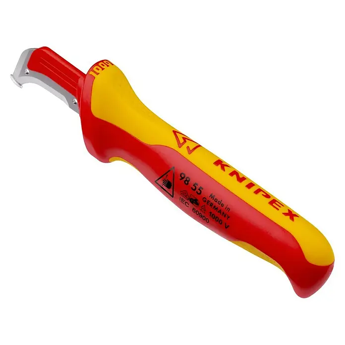 Knipex KabelabmantelungsmesserKlingenlänge: 38 mm, Gleitschuh - Nahaufnahme eines KNIPEX Kabelmessers mit rot-gelbem Griff, ideal zum Abmanteln von Kabeln.