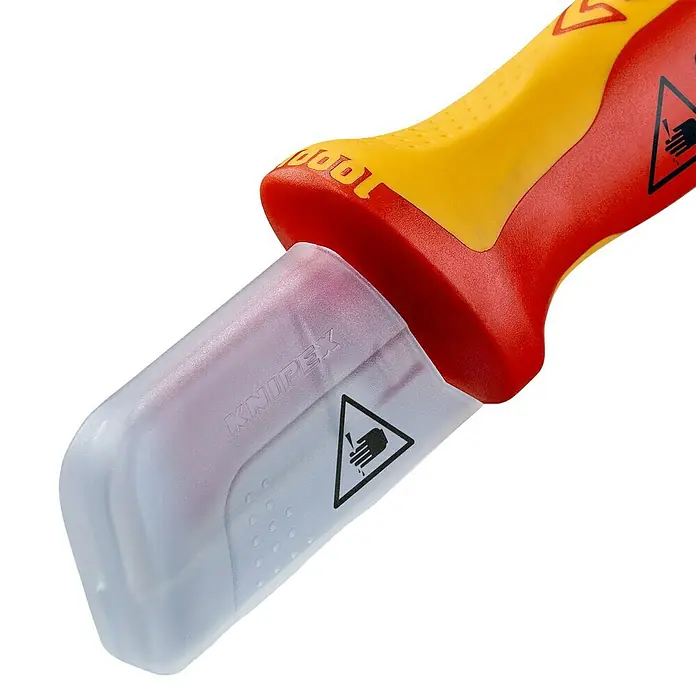 Knipex KabelabmantelungsmesserKlingenlänge: 38 mm, Gleitschuh - Nahaufnahme eines Knipex-Werkzeugs mit gelb-rotem Griff und durchsichtiger Schutzhülle, das für den Einsatz an bis zu 1000V geeignet ist.