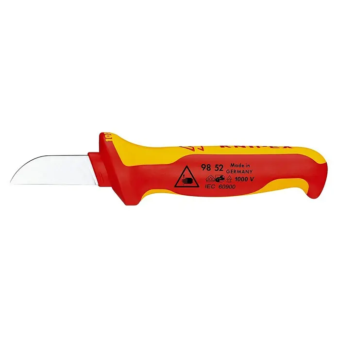 Knipex KabelmesserSchneide, Klingenlänge: 50 mm - Isoliertes Kabelmesser KNIPEX 98 52 mit gebogener Klinge, ideal für präzises und sicheres Arbeiten an elektrischen Installationen bis 1000 V.