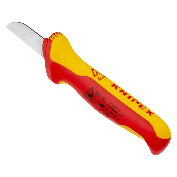 Knipex Kabelmesser - Länge: 185 mm, Stahl - Knipex 98 52 Kabelmesser mit rotem und gelbem Griff. Ein Werkzeug für präzises und sicheres Arbeiten an Kabeln.