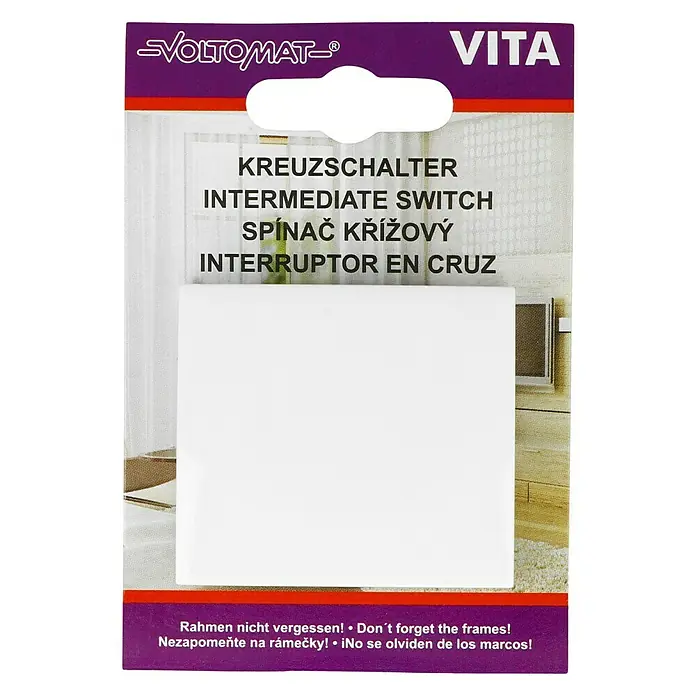Voltomat VITA Kreuzschalter - Alpinweiß, Unterputzmontage, 10 A - Verpackung eines VOLTOMAT VITA Kreuzschalters, der als Zwischenschalter dient und in mehreren Sprachen beschriftet ist.