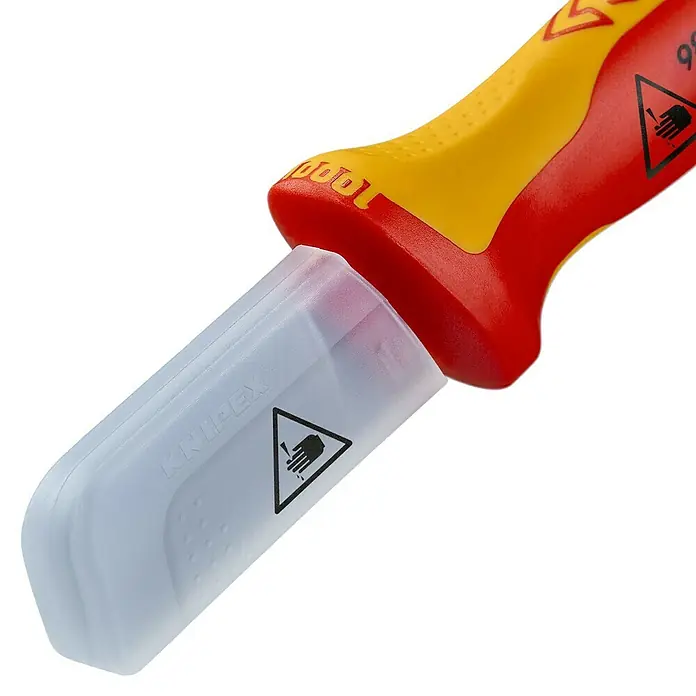 Knipex Kabelmesser - Schneide, Klingenlänge: 50 mm - Nahaufnahme eines KNIPEX-Schraubendrehers mit durchsichtiger Schutzkappe, rot-gelbem Griff und Warnsymbol.