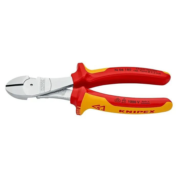 Knipex Seitenschneider - Länge: 18 cm, Rot/Gelb - Eine isolierte KNIPEX 74 06 180 Seitenschneider-Zange mit zweifarbigen Mehrkomponenten-Griffhüllen für Arbeiten bis 1000V.