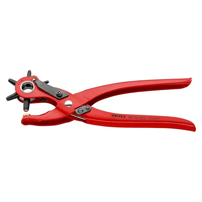 Knipex Tenaza perforadora - Largo: 22 cm, Acero - Primer plano de unos alicates sacabocados giratorios Knipex rojos, una herramienta utilizada para perforar agujeros en diversos materiales.