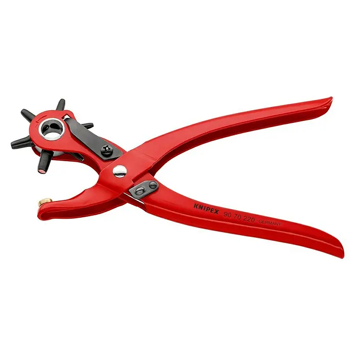Knipex Lochzange - Länge: 22 cm, Stahl - Nahaufnahme einer roten Knipex Revolverlochzange mit verschiedenen Lochgrößen für Leder, Textilien und Kunststoffe.