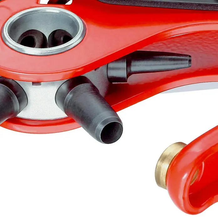 Knipex Lochzange - Länge: 22 cm, Stahl - Nahaufnahme einer roten Nietenzange, die ein präzises und sauberes Vernieten ermöglicht. Ideal für professionelle Anwendungen in Handwerk und Industrie.