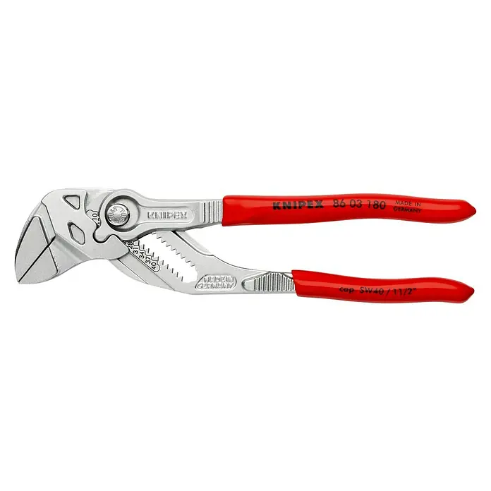 Knipex Wasserpumpenzange - Länge: 180 mm, Verchromt - Die KNIPEX 86 03 180 Wasserpumpenzange mit roten Griffen ist ein hochwertiges Werkzeug, das in Deutschland hergestellt wurde.