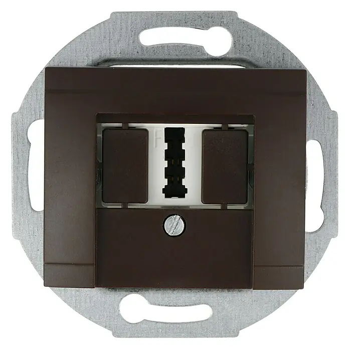 Voltomat DEA 100 TAE-Telefondose - Braun, Unterputzmontage - Nahaufnahme einer braunen Datendose mit Metalleinfassung zur Wandmontage. Ideal für Netzwerkanschlüsse im stilvollen Design.