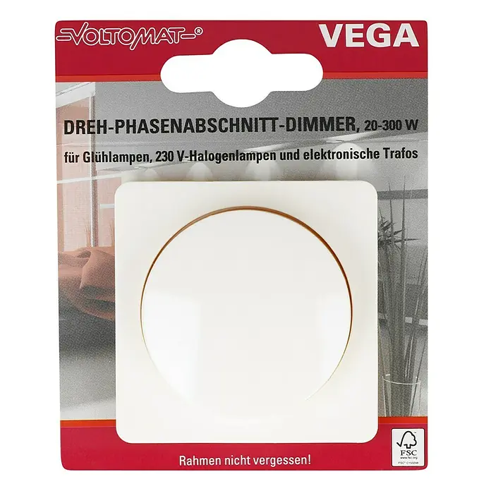 Voltomat VEGA Dimmer für elektronische Trafos - Elektroweiß - Verpackung eines VOLTOMAT VEGA Dimmerschalters mit Drehphasenabschnitt für Glühlampen und Halogenlampen.