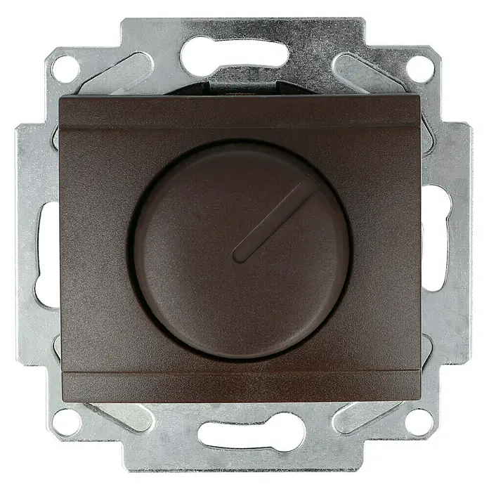 Voltomat DEA 100 Dimmer Elektronisch - Braun, Kunststoff, Elektronisch - Nahaufnahme eines braunen Dimmers mit silberner Montageplatte auf schwarzem Hintergrund.