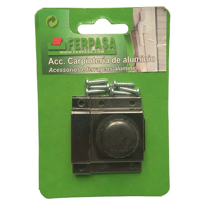 Pestillo deslizante - L x An x Al: 50 x 45 x 20 mm, Negro - Primer plano de un pestillo de puerta de aluminio FERPASA con tornillos en un embalaje verde.