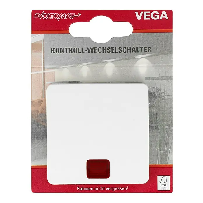 Voltomat VEGA Kontrollschalter - Ultraweiß, 10 A - Die Produktverpackung für einen VOLTOMAT VEGA Kontroll-Wechselschalter in Rot und Weiß mit einer roten Anzeigelampe.