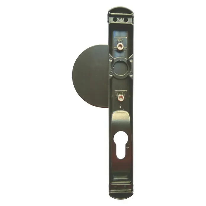 Cerradura para puertas y ventanas 82081 - Negro - Placa de manija de puerta gris oscuro con roseta redonda, ojo de cerradura y fijaciones de tornillo.