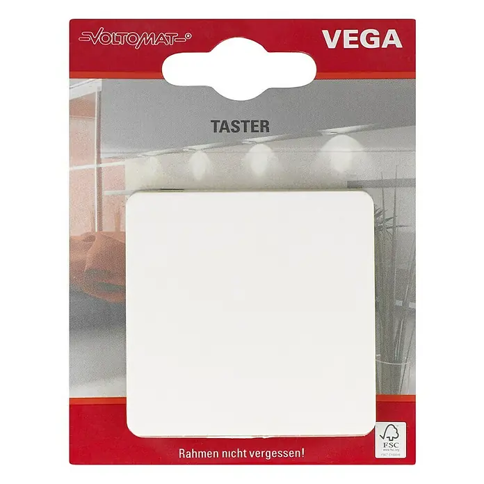 Voltomat VEGA Taster - Elektroweiß, 10 A - Produktfoto eines VEGA Voltolmat Taster-Einsatzes in Weiß, verpackt und zum Verkauf angeboten.