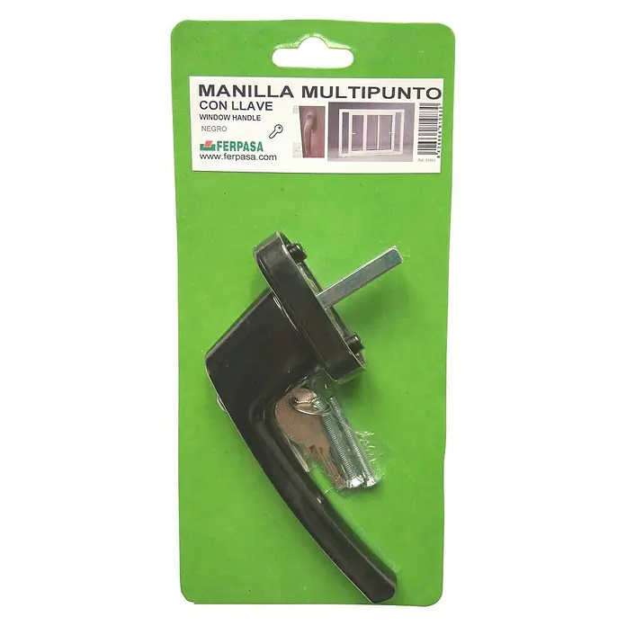 Manilla para ventana - Largo: 155 mm, Negro - La imagen muestra un juego de maneta de ventana negro con llave, ideal para cierres multipunto, empaquetado en cartón verde.