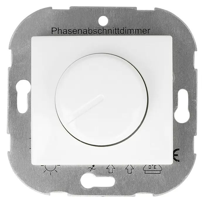 Voltomat VITA Dimmer - Alpinweiß, 20 W - 315 W - Phasenabschnittdimmer: Ein weißer Drehdimmer mit silberner Blende zur Steuerung der Helligkeit von Glühlampen.