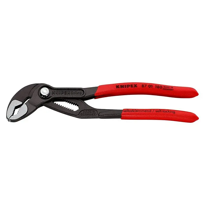 Knipex Wasserpumpenzange Cobra - Länge: 180 mm - Die KNIPEX Cobra Wasserpumpenzange 87 01 180, ein robustes Werkzeug, ideal für vielfältige Greifarbeiten mit selbstklemmender Funktion.