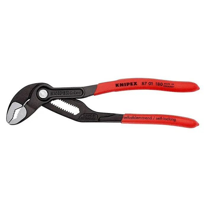 Knipex Wasserpumpenzange Cobra - Länge: 180 mm - Die KNIPEX Cobra Wasserpumpenzange, ein hochwertiges Werkzeug "Made in Germany", mit selbstklemmender Funktion für vielseitige Anwendungen.