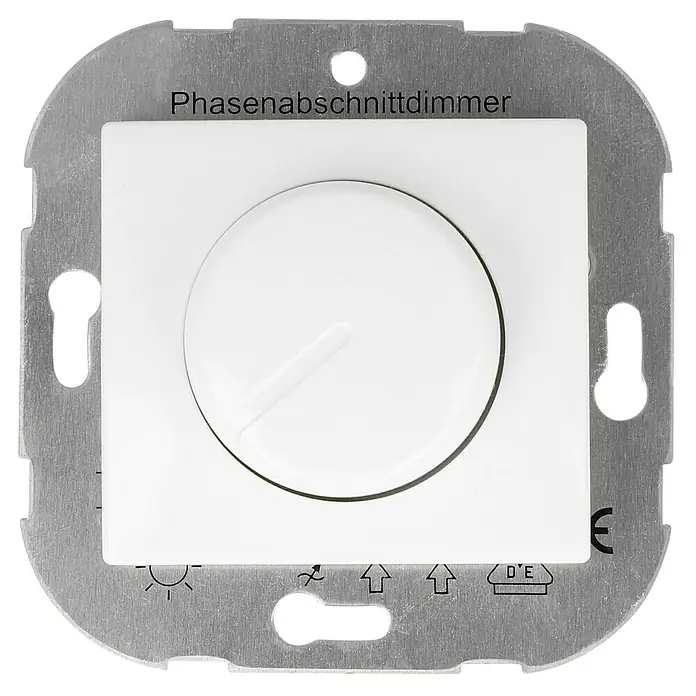 Voltomat VITA Dimmer - Alpinweiß, 40 W - 400 W - Nahaufnahme eines weißen Phasenabschnittdimmers mit Metalleinfassung, der Helligkeit und Atmosphäre in Räumen reguliert.