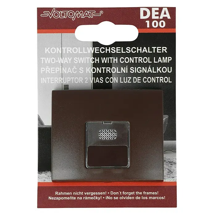 Voltomat DEA 100 Kontrollschalter - Braun, Unterputzmontage, 10 A - Das Bild zeigt einen braunen Voltomat DEA 100 Zwei-Wege-Schalter mit Kontrollleuchte, perfekt für jeden Raum.