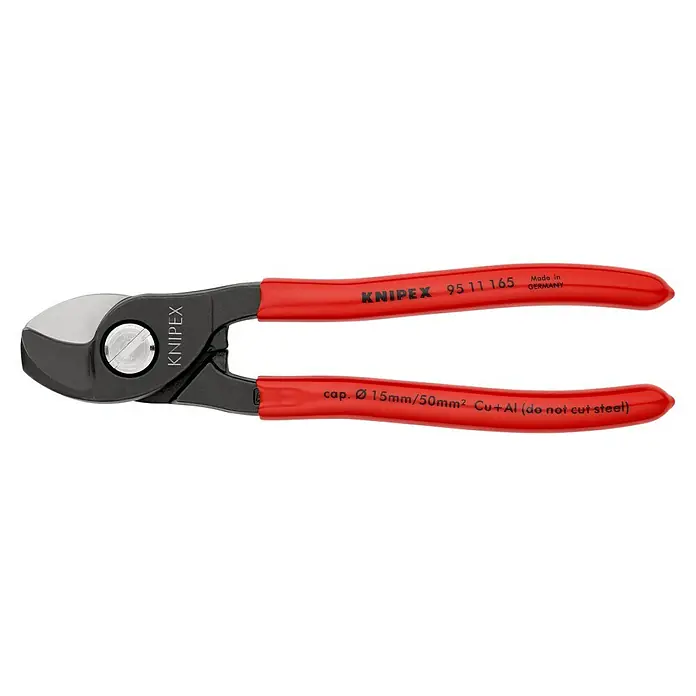 Knipex Kabelschere - Länge: 165 mm - KNIPEX Kabelschneider 95 11 165 mit roten Griffen, geeignet für Kupfer- und Aluminiumkabel bis Ø 15mm/50mm², nicht für Stahl.