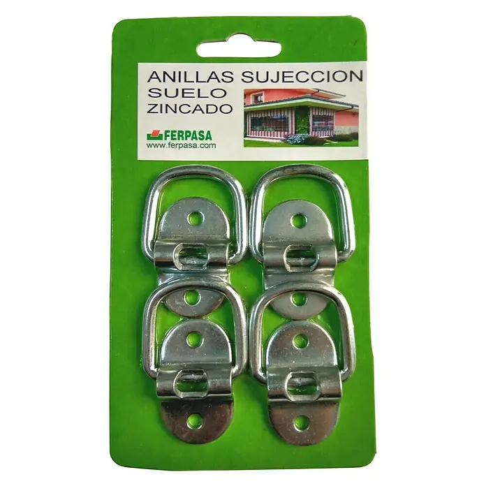 Anilla D para toldos - Acero, 4 ud. - Un paquete de cuatro anillos de fijación al suelo cincados, ideales para diversas aplicaciones de fijación. Los anillos resistentes están montados en una tarjeta verde.