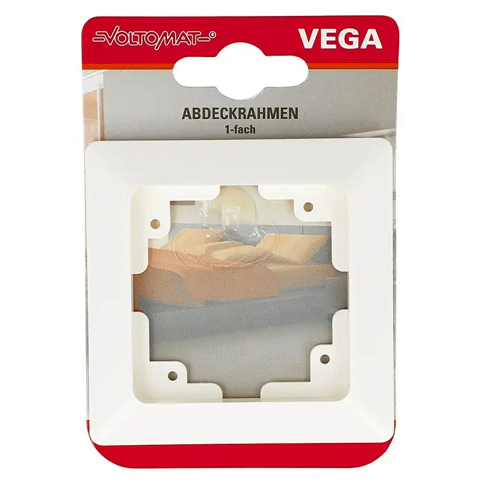 Voltomat VEGA Abdeckrahmen - Elektroweiß, 1-fach, Kunststoff - Ein Voltomt VEGA Abdeckrahmen, 1-fach, in Weiß präsentiert. Das Produkt ist für die Installation von Steckdosen oder Schaltern vorgesehen.