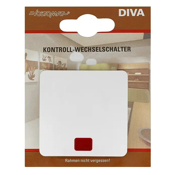 Voltomat DIVA Kontrollschalter - Ultraweiß, 10 A - Produktdarstellung eines VOLTOMAT-Kontroll-Wechselschalters DIVA in einer schlichten Verpackung.