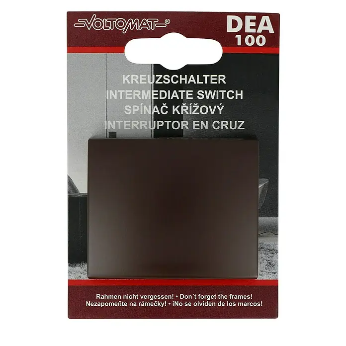 Voltomat DEA 100 Kreuzschalter - Braun, Unterputzmontage, 10 A - Verpackung eines Voltomat DEA 100 Kreuzschalters, der einen braunen Schaltereinsatz zeigt.