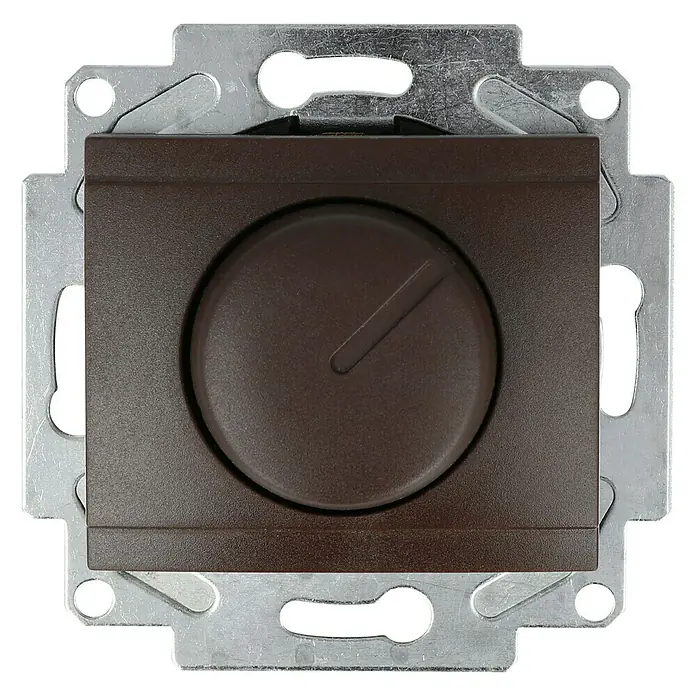 Voltomat DEA 100 Dimmer Standard - Braun, Kunststoff, Manuell - Nahaufnahme eines braunen Dimmers mit silberfarbener Montageplatte, ideal für stimmungsvolle Beleuchtung im Haus.