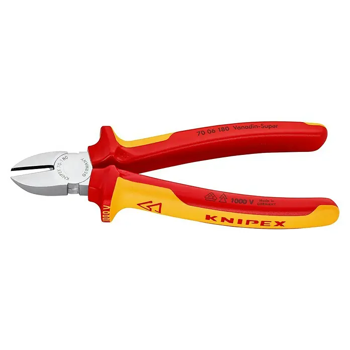 Knipex Seitenschneider - Länge: 18 cm - Bild einer KNIPEX Seitenschneider Zange, Modell 70 06 180, mit rot-gelbem Griff und der Aufschrift "1000 V", ideal für präzise Schnitte.