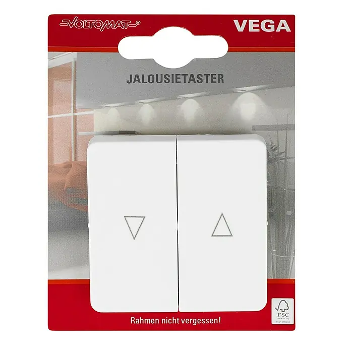 Voltomat VEGA Jalousietaster - Ultraweiß, Glänzend, Unterputzmontage, 10 A - Ein Jalousietaster von Voltomat Vega in Weiß mit Pfeilsymbolen auf der Verpackung. Wichtig: Rahmen nicht vergessen!